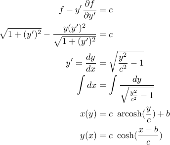  begin{aligned} f - y' frac{partial f}{partial y'} &= c  sqrt{1 + (y')^2} - frac{y(y')^2}{sqrt{1+(y')^2}} &= c  y' = frac{dy}{dx} &= sqrt{frac{y^2}{c^2} - 1}  int dx &= int frac{dy}{sqrt{frac{y^2}{c^2}- 1}}  x(y) &= c text{, arcosh}(frac{y}{c}) + b  y(x) &= c text{, cosh}(frac{x-b}{c})  end{aligned} 